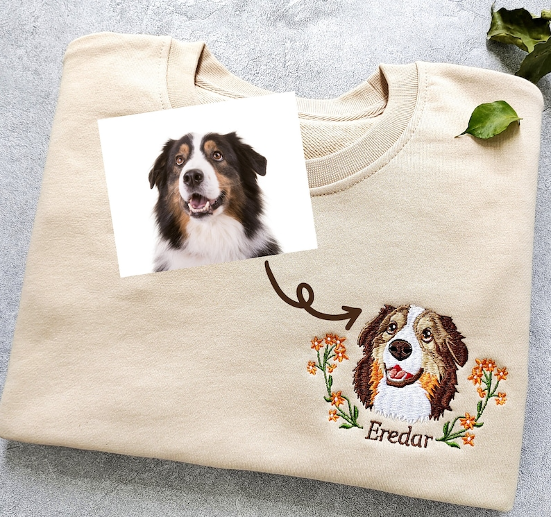 Custom Dog Portrait Embroidered Sweatshirt, Personalized Pet Face and Pet name Sweatshirt