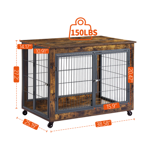 Furniture Double Door Dog Cage, Rustic Brown