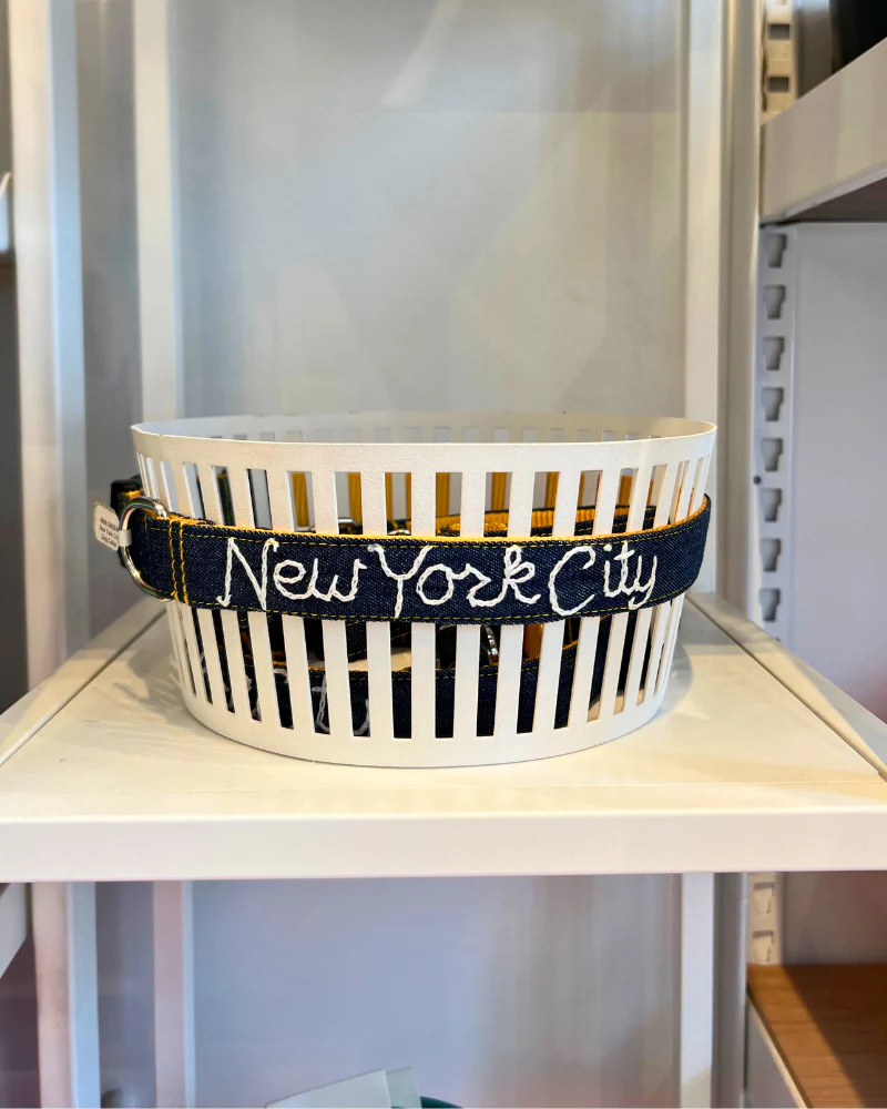 Hand Embroidered New York City Dog Collar in Dark Denim (Made in the USA)