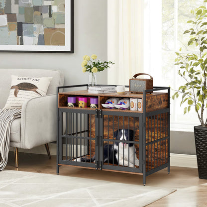 Furniture Style Dog Crate With Storage, 41 Inch Dog Crate Furniture Large Breed With Double Doors, Wooden Dog Cage For Large Medium Dog Indoor, Hold Up To 70 Lbs, Rustic Brown