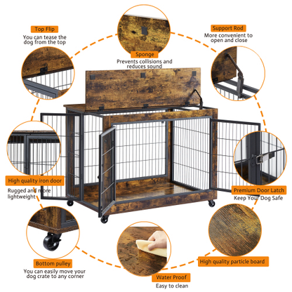 Furniture Double Door Dog Cage, Rustic Brown