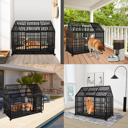 Heavy Duty Dog Crate 54 Inch Indestructible Pet Dog Cage Crate Kennel With Roof Top 2 Doors Removable Trays