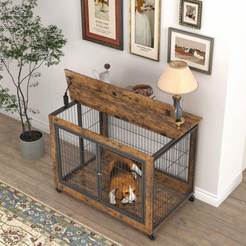 Furniture Double Door Dog Cage, Rustic Brown