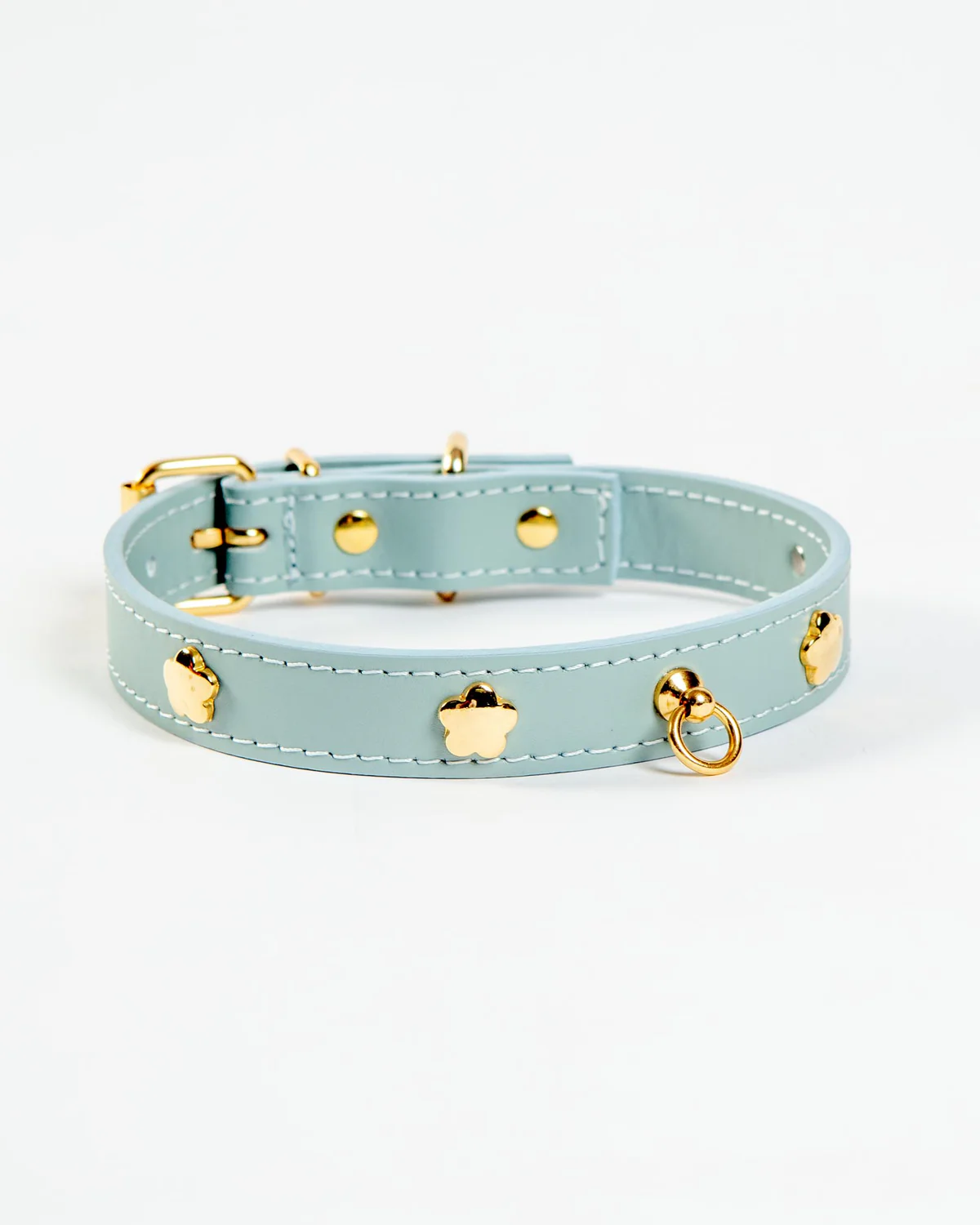 Sky Blue Nara Leather Dog Collar with Brass Flowers (Made in Italy)