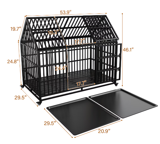 Heavy Duty Dog Crate 54 Inch Indestructible Pet Dog Cage Crate Kennel With Roof Top 2 Doors Removable Trays