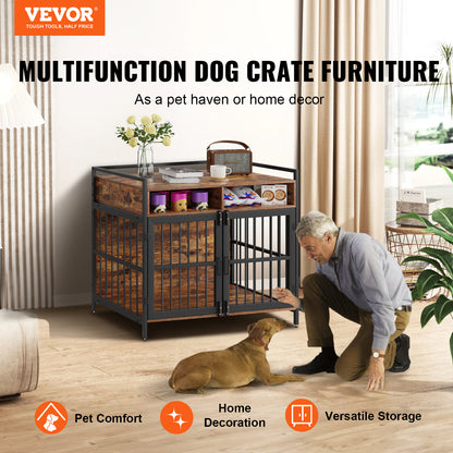 Furniture Style Dog Crate With Storage, 41 Inch Dog Crate Furniture Large Breed With Double Doors, Wooden Dog Cage For Large Medium Dog Indoor, Hold Up To 70 Lbs, Rustic Brown