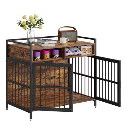 Furniture Style Dog Crate With Storage, 41 Inch Dog Crate Furniture Large Breed With Double Doors, Wooden Dog Cage For Large Medium Dog Indoor, Hold Up To 70 Lbs, Rustic Brown