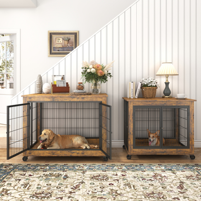 Furniture Double Door Dog Cage, Rustic Brown