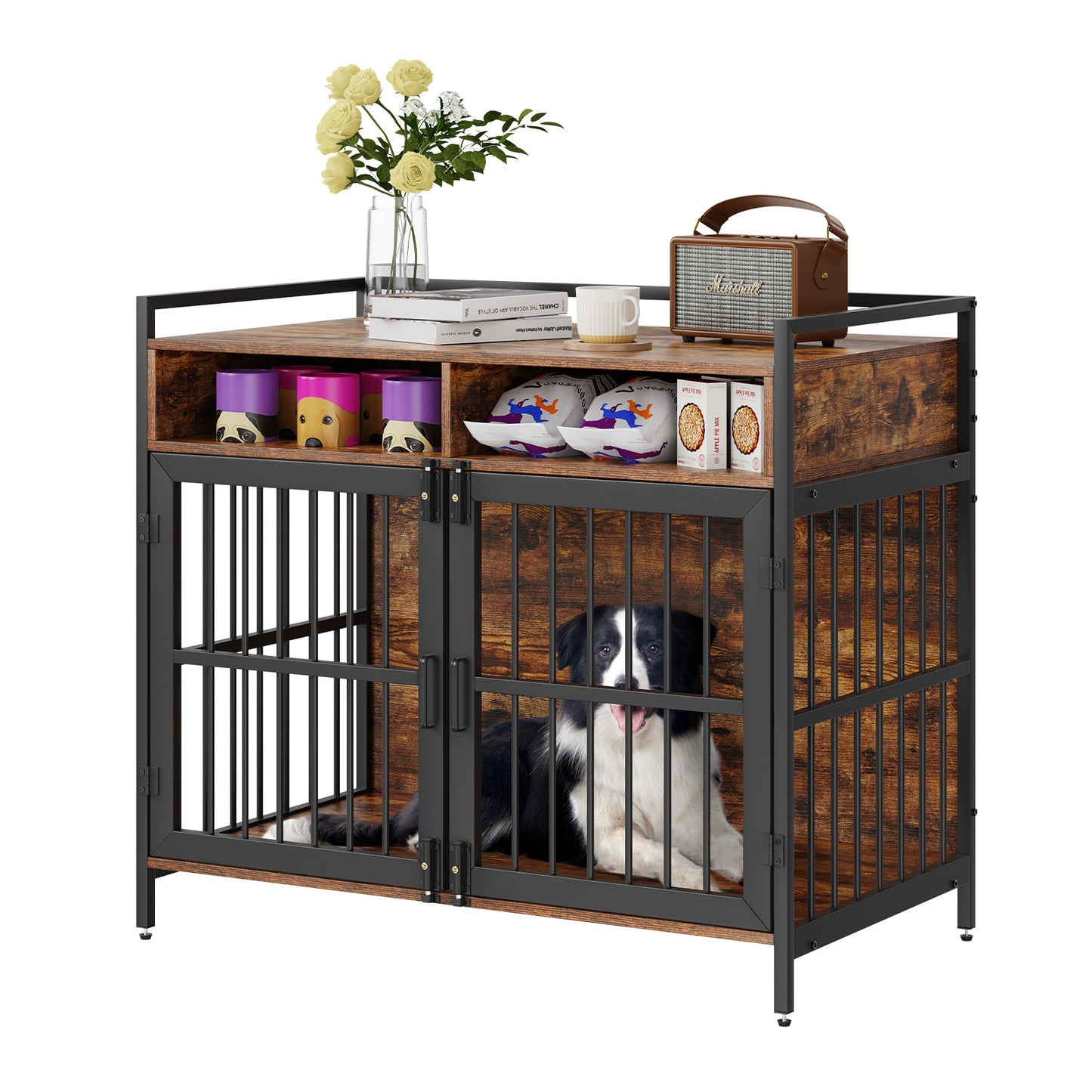 Furniture Style Dog Crate With Storage, 41 Inch Dog Crate Furniture Large Breed With Double Doors, Wooden Dog Cage For Large Medium Dog Indoor, Hold Up To 70 Lbs, Rustic Brown