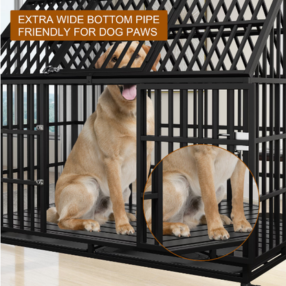 Heavy Duty Dog Crate 54 Inch Indestructible Pet Dog Cage Crate Kennel With Roof Top 2 Doors Removable Trays