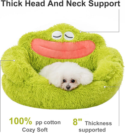 Cute Calming Dog And Cat Bed Plush Indoor Donut Dog Beds For Small Dogs And Cats Cute Cartoon Soft Bed Green Mouth